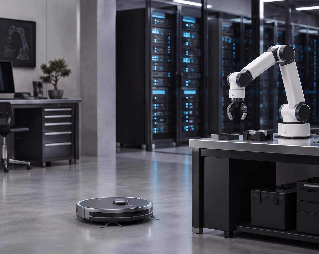 Robotic floorcare robot on the studio floor with a robotic arm assembling components and data servers behind